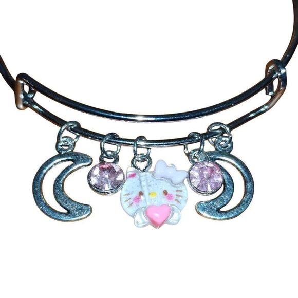 Silver Hello Kitty Kawaii Adjustable Bangle Charm Bracelet - Picture 2 of 3